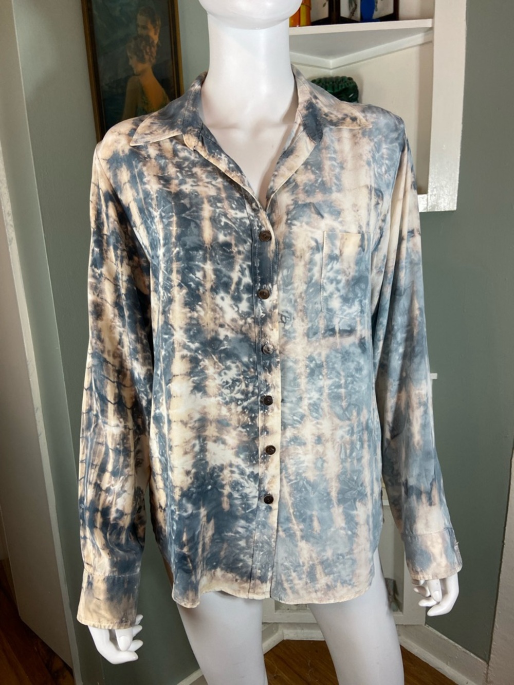 Fifteen Twenty Unique Tie-Dye Button Down Silk Shirt Women’s Small S Grey Cream